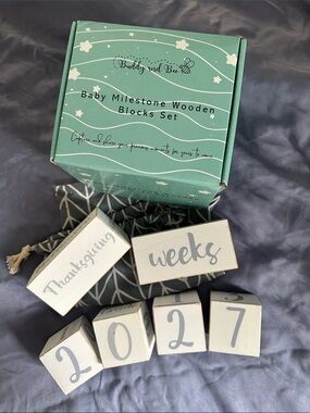 Baby Milestone Wooden Blocks Set - Mint Box with Cream Blocks